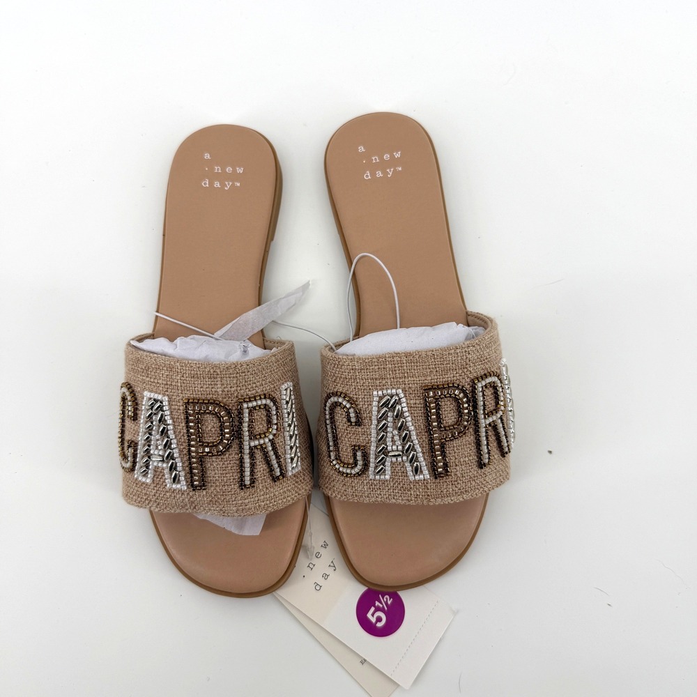 A New Day Slide Sandals Capri Beaded 5.5 Tan‎ Womens Summer Vacation Beach Shoes